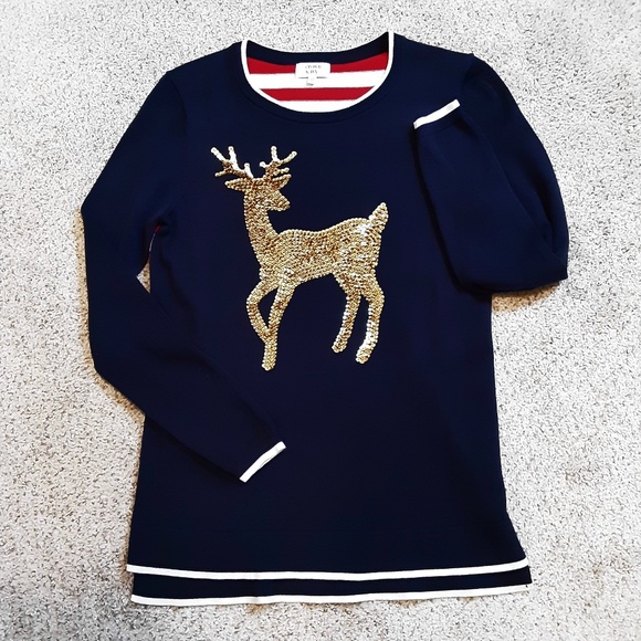 Navy Red & White Lightweight Holiday Sweater Gold Sequined Reindeer Sz XS - Picture 1 of 12